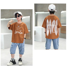 FU14042024-14 طقم ولادي صيفي قطعتين ( بلوزة + بنطلون جينز)