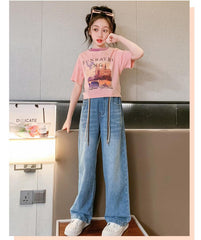 FU14042024-17 طقم بناتي قطعتين ( بلوزة + بنطلون جينز)