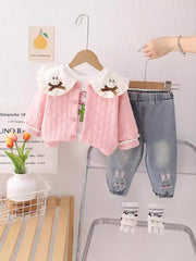 SSN040924-62 طقم بناتي قطن خريفي ربيعي 3 قطع ( جكيت + بلوزة + بنطلون جينز )