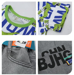 FU14042024-44 طقم ولادي صيفي ( بلوزة قطنية + بنطلون جينز + حزام وسط)