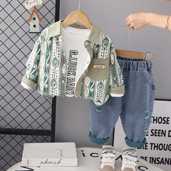 RM0608-22 طقم ولادي 3 قطع ( بلوزة + جكيت + بنطلون جينز )