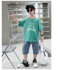 FU14042024-14 طقم ولادي صيفي قطعتين ( بلوزة + بنطلون جينز)