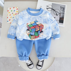 SSN040924-41 طقم ولادي بنايت خريفي ربيعي قطن دافي قطعتين ( بلوزة + بنطلون)