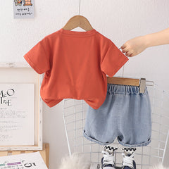 SSX220824-1 طقم ولادي قطعتين نخب اول ( بلوزة قطنية + شورت جينز )