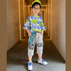 FU14042024-44 طقم ولادي صيفي ( بلوزة قطنية + بنطلون جينز + حزام وسط)