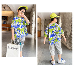 FU14042024-44 طقم ولادي صيفي ( بلوزة قطنية + بنطلون جينز + حزام وسط)