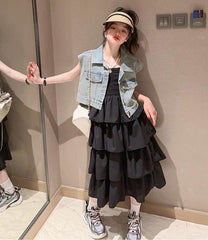 RM150424-25 فستان صيفي طبقات + فست جينز ناعم