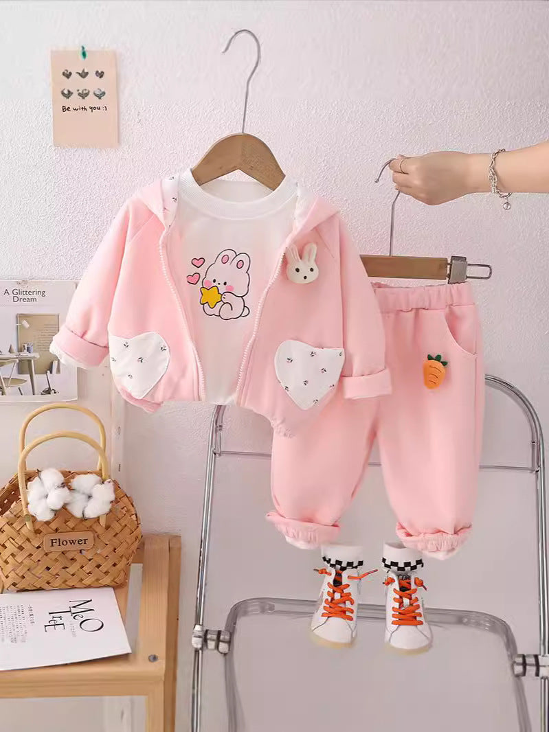 SSN040924-58 طقم بناتي قطن تقيل خريفي ربيعي 3 قطع ( جكيت + بلوزة+ بنطلون)