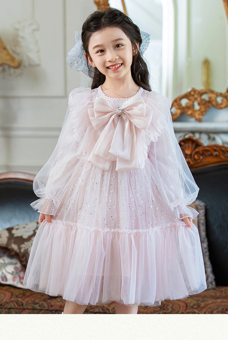 RM1231-03 فستان بناتي مزين بالبرق والشيفون مع ببيونة ستان