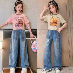 FU14042024-17 طقم بناتي قطعتين ( بلوزة + بنطلون جينز)