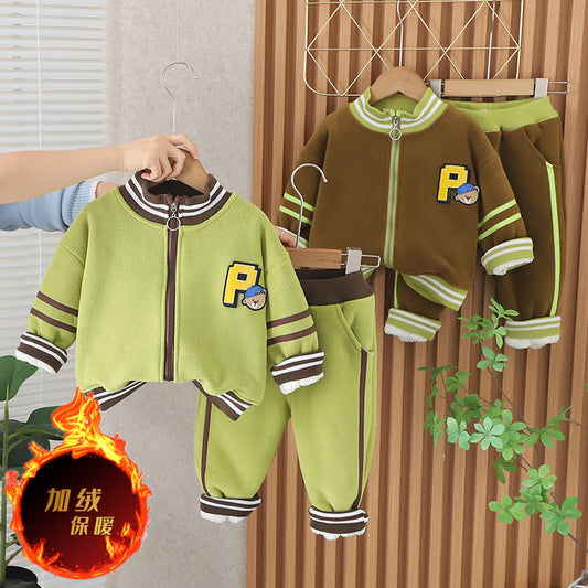 SSX220824-40 طقم ولادي شتوي تقيل مبطن فرو بالكامل قطعتين ( جكيت+ بنطلون)