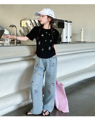 RM150424-35 طقم بناتي صيفي قطعتين ( بلوزة + بنطلون جينز )