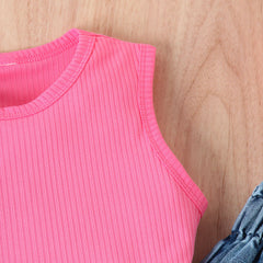 EU120424-36 طقم بناتي صيفي 3 قطع ( بلوزة + بنطلون جينز + حقيبة)