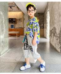 FU14042024-44 طقم ولادي صيفي ( بلوزة قطنية + بنطلون جينز + حزام وسط)