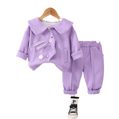 SSN040924-68 طقم بناتي قطن خريفي ربيعي دافي قطعتين ( جكيت + بنطلون)