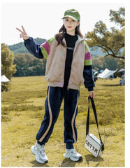 HBC040924-11 طقم بناتي شتوي مخمل مبطن فرو بالكامل بجي قطعتين ( جكيت + بنطلون)