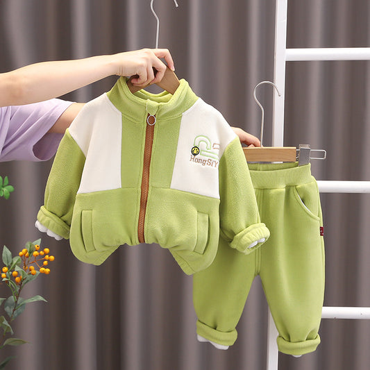 SSX220824-48P طقم ولادي شتوي تقيل مبطن فرو بالكامل قطعتين ( بلوزة + بنطلون)