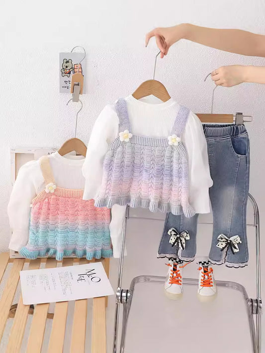 SSN040924-46 طقم جينز بناتي خريفي ربيعي 3 قطع ( بلوزة صوف + بلوزة قطنية + بنطلون جينز )