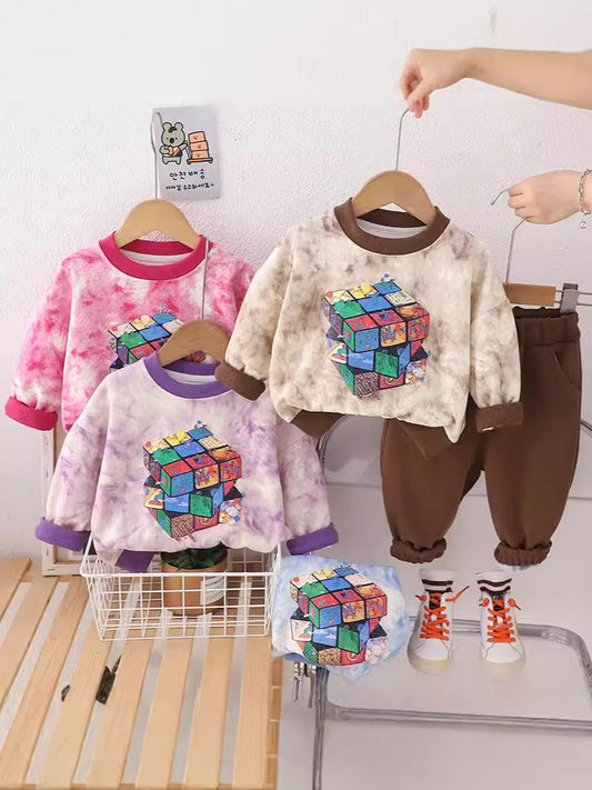 SSN040924-41 طقم ولادي بنايت خريفي ربيعي قطن دافي قطعتين ( بلوزة + بنطلون)