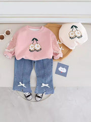 SSN040924-60 طقم بناتي خريفي ربيعي قطعتين ( بلوزة + بنطلون جينز)