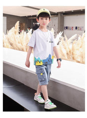 FU14042024-51 طقم ولادي صيفي جينز قطعتين ( بلوزة + بنطلون)