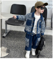 RM1227-36 طقم جينز ناعم ومريح ، قطعتين عالنمط بالكوري برسومات عصرية ( جكيت جينز + بنطلون جينز)