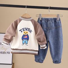 RM0608-15 طقم ولادي 3 قطع ( بلوزة + جكيت + بنطلون جينز )