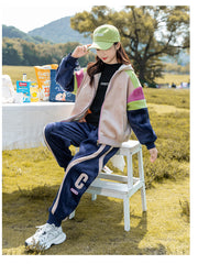 HBC040924-11 طقم بناتي شتوي مخمل مبطن فرو بالكامل بجي قطعتين ( جكيت + بنطلون)