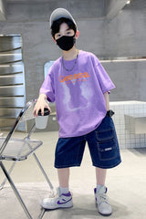 FU14042024-66 طقم ولادي صيفي قعطتين ( بلوز + بنطلون جينز)