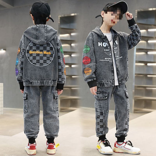 RM1227-01 طقم جينز تقيل ولادي قطعتني ( جكيت + بنطلون)