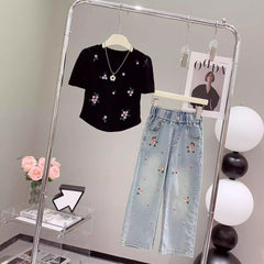 RM150424-35 طقم بناتي صيفي قطعتين ( بلوزة + بنطلون جينز )