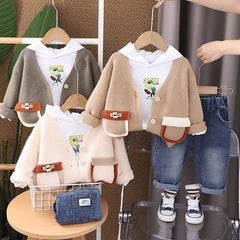 SSX220824-166 طقم ولادي 3 قطع ( جكيت صوف+ بلوزة قطنية + بنلطون جينز )