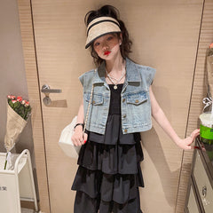 RM150424-25 فستان صيفي طبقات + فست جينز ناعم