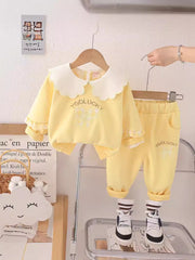 SSN040924-21 طقم بناتي قطن تقيل خريفي ربيعي قطعتين ( بلوزة + بنطلون)