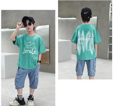 FU14042024-14 طقم ولادي صيفي قطعتين ( بلوزة + بنطلون جينز)