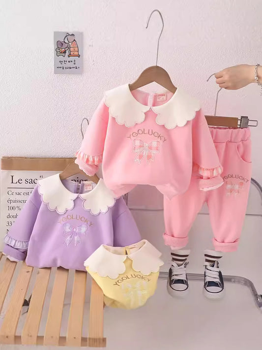 SSN040924-21 طقم بناتي قطن تقيل خريفي ربيعي قطعتين ( بلوزة + بنطلون)