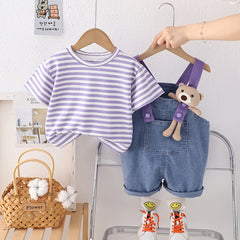 SSN040924-30 طقم افرهول جينز بناتي شورت قطعتين ( بلوزة قطن + افرهول جينز )