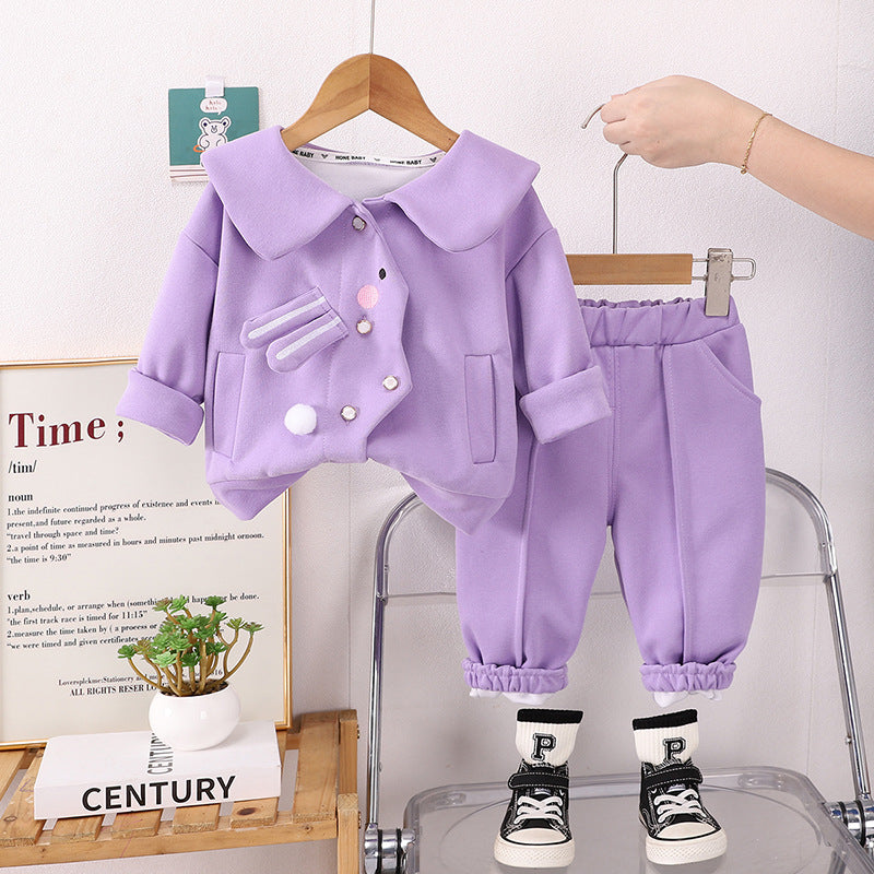 SSN040924-68 طقم بناتي قطن خريفي ربيعي دافي قطعتين ( جكيت + بنطلون)