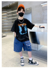 FU14042024-66 طقم ولادي صيفي قعطتين ( بلوز + بنطلون جينز)