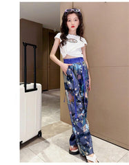 FU14042024-18 طقم بناتي صيفي قطعتين ( بلوزة + بنطلون)