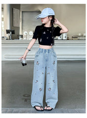 RM150424-35 طقم بناتي صيفي قطعتين ( بلوزة + بنطلون جينز )