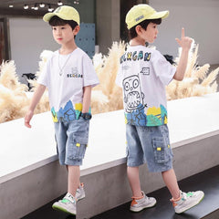 FU14042024-51 طقم ولادي صيفي جينز قطعتين ( بلوزة + بنطلون)