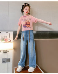 FU14042024-17 طقم بناتي قطعتين ( بلوزة + بنطلون جينز)