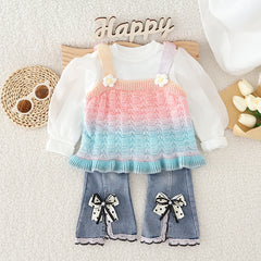 SSN040924-46 طقم جينز بناتي خريفي ربيعي 3 قطع ( بلوزة صوف + بلوزة قطنية + بنطلون جينز )