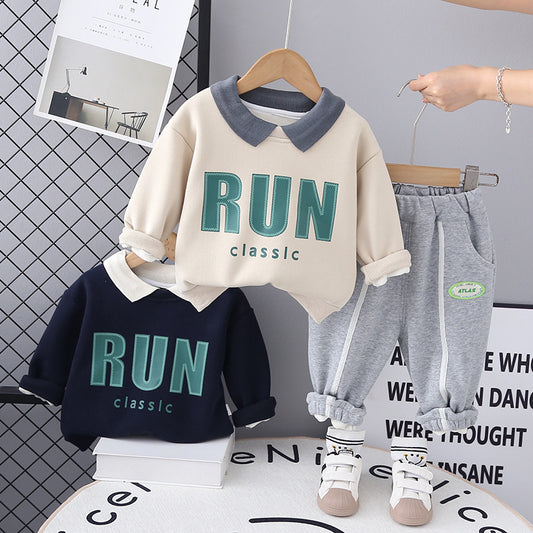 SSX220824-19 طقم ولادي شتوي تقيل مبطن فرو بالكامل قطعتين ( بلوزة + بنطلون)