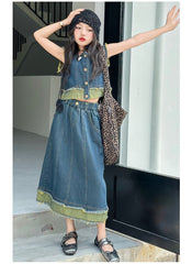 RM150424-29 طقم بناتي جينز صيفي قطعتين ( بلوزة + تنورة )