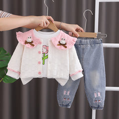 SSN040924-62 طقم بناتي قطن خريفي ربيعي 3 قطع ( جكيت + بلوزة + بنطلون جينز )