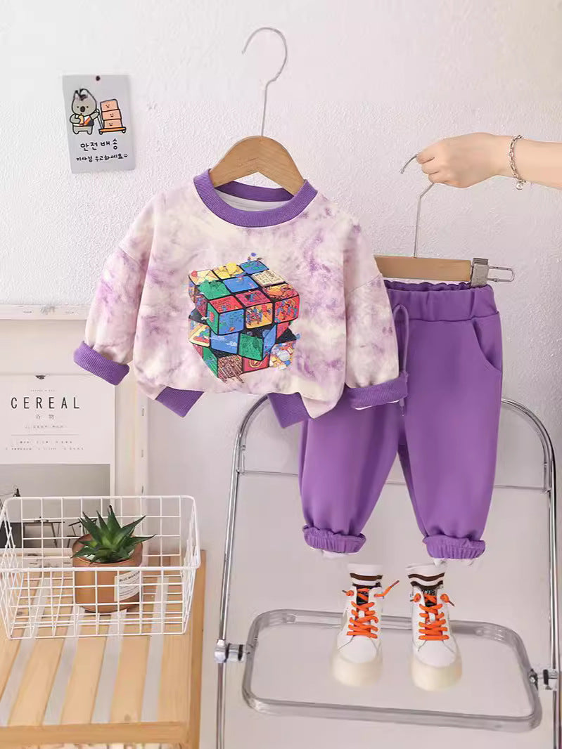 SSN040924-41 طقم ولادي بنايت خريفي ربيعي قطن دافي قطعتين ( بلوزة + بنطلون)