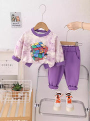 SSN040924-41 طقم ولادي بنايت خريفي ربيعي قطن دافي قطعتين ( بلوزة + بنطلون)