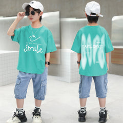 FU14042024-14 طقم ولادي صيفي قطعتين ( بلوزة + بنطلون جينز)